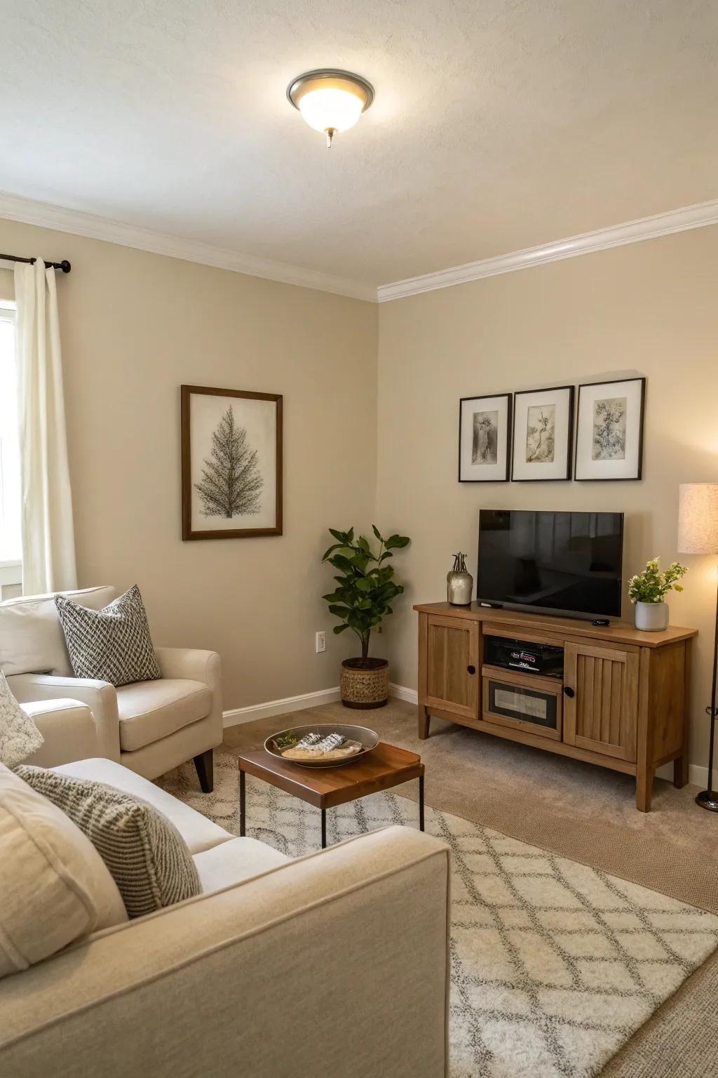 Neutral shades broaden and brighten the atmosphere.