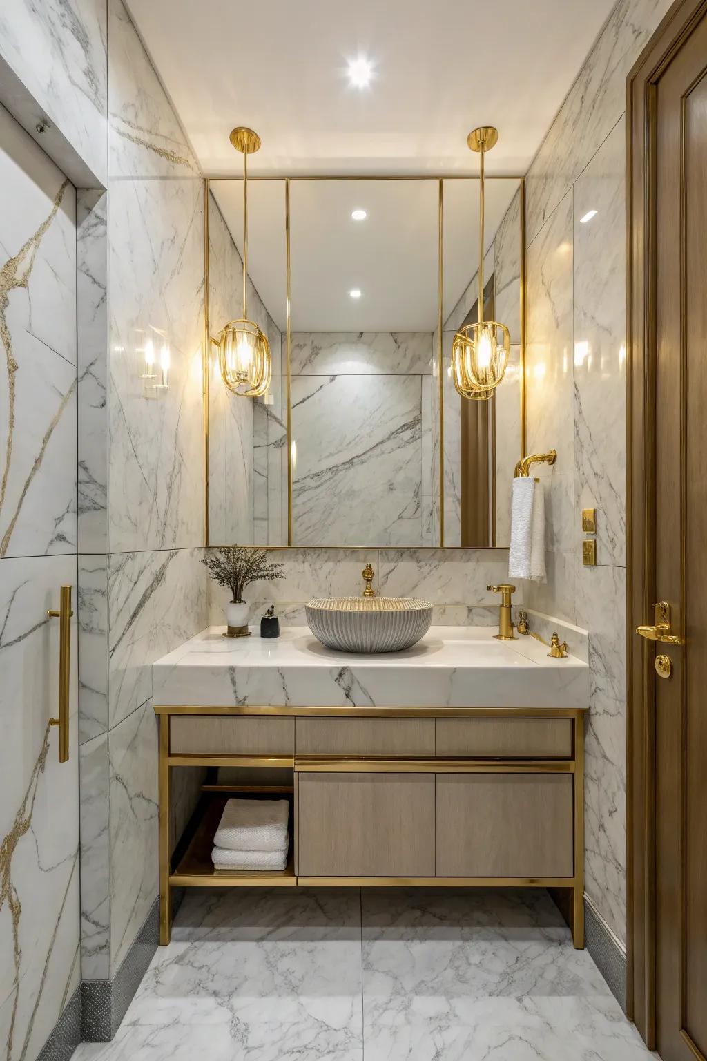 Stone transforms a small bathroom into a symbol of luxury.