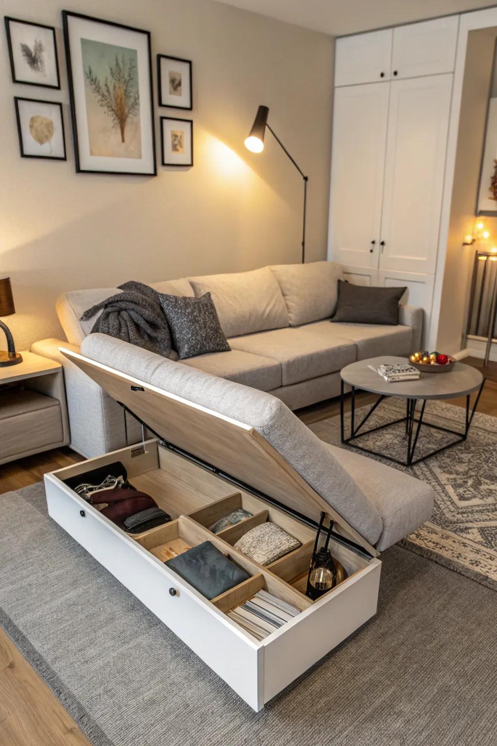 Furniture that does more than one job, like a sofa that turns into a bed and a table with storage, offers maximum usefulness in snug man caves.