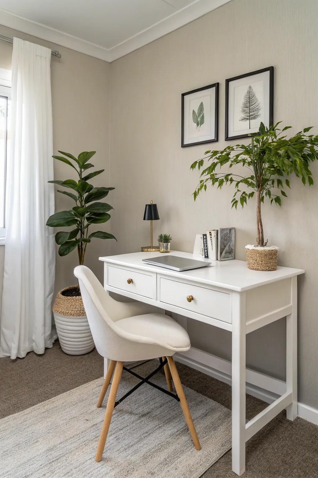 A minimalist small office featuring a tidy, airy design.