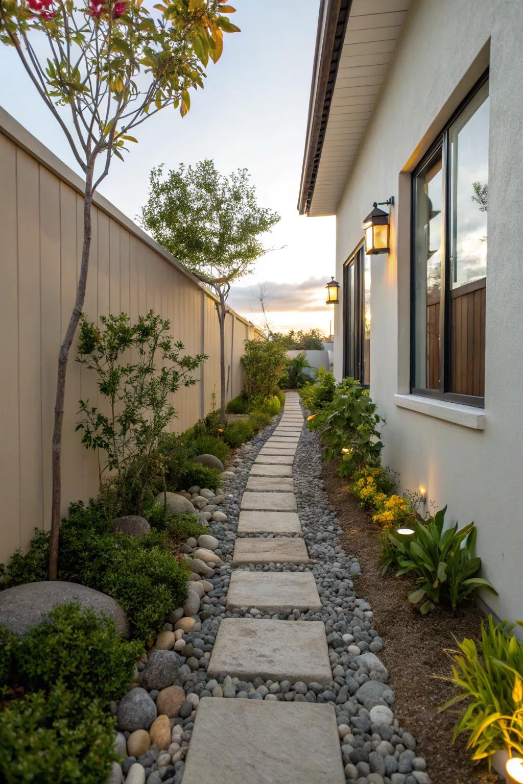 A stone walkway brings appeal and functionality to a narrow side yard.