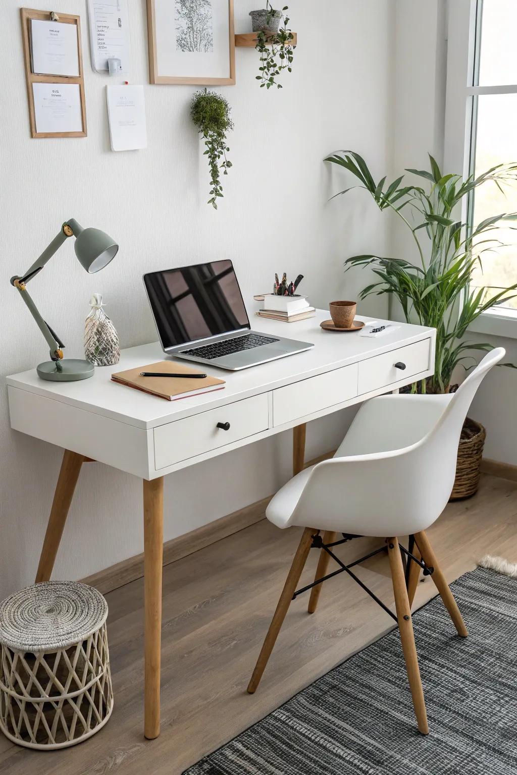 A minimalist desk anchors the space, offering simplicity and style.
