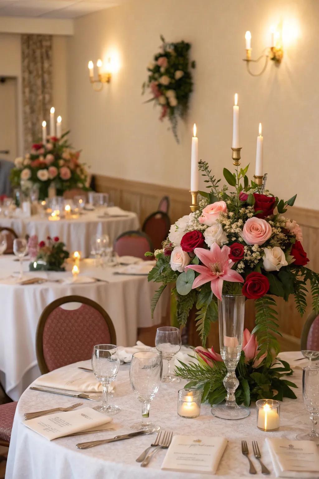 Elegant table arrangements lend a dash of sophistication to a small party venue.