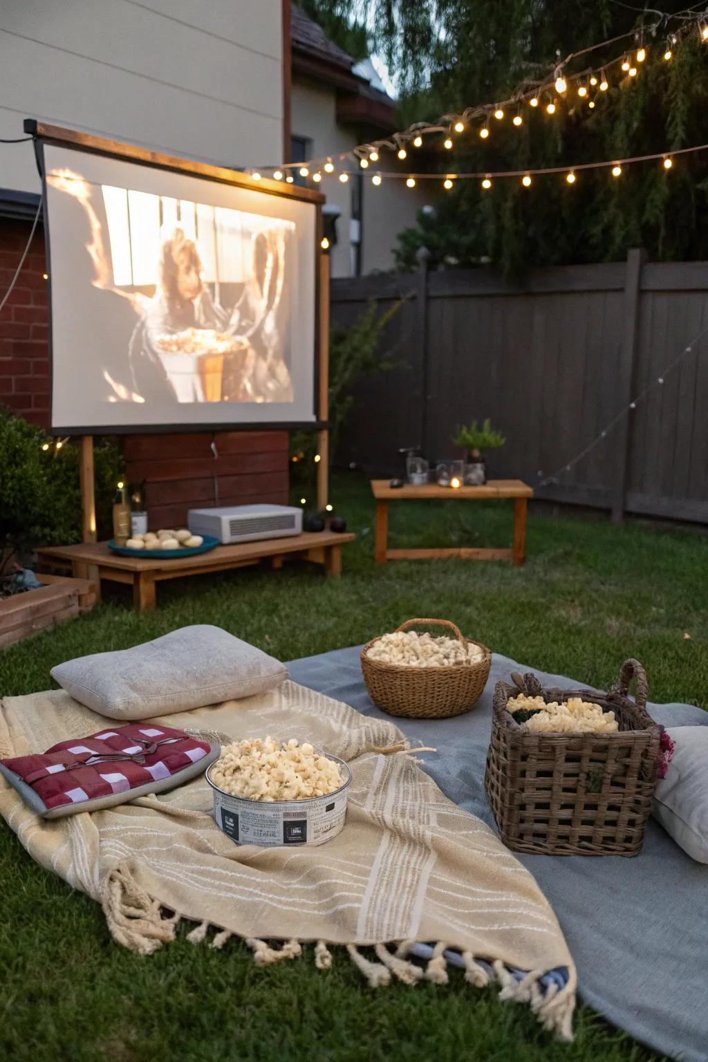 An outdoor film showing arrangement complete with a projector and snug blankets.
