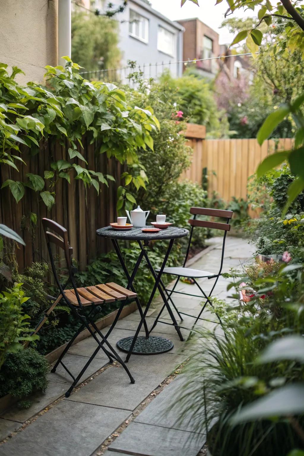 Small folding chairs paired with a bistro table in a compact patio setting.