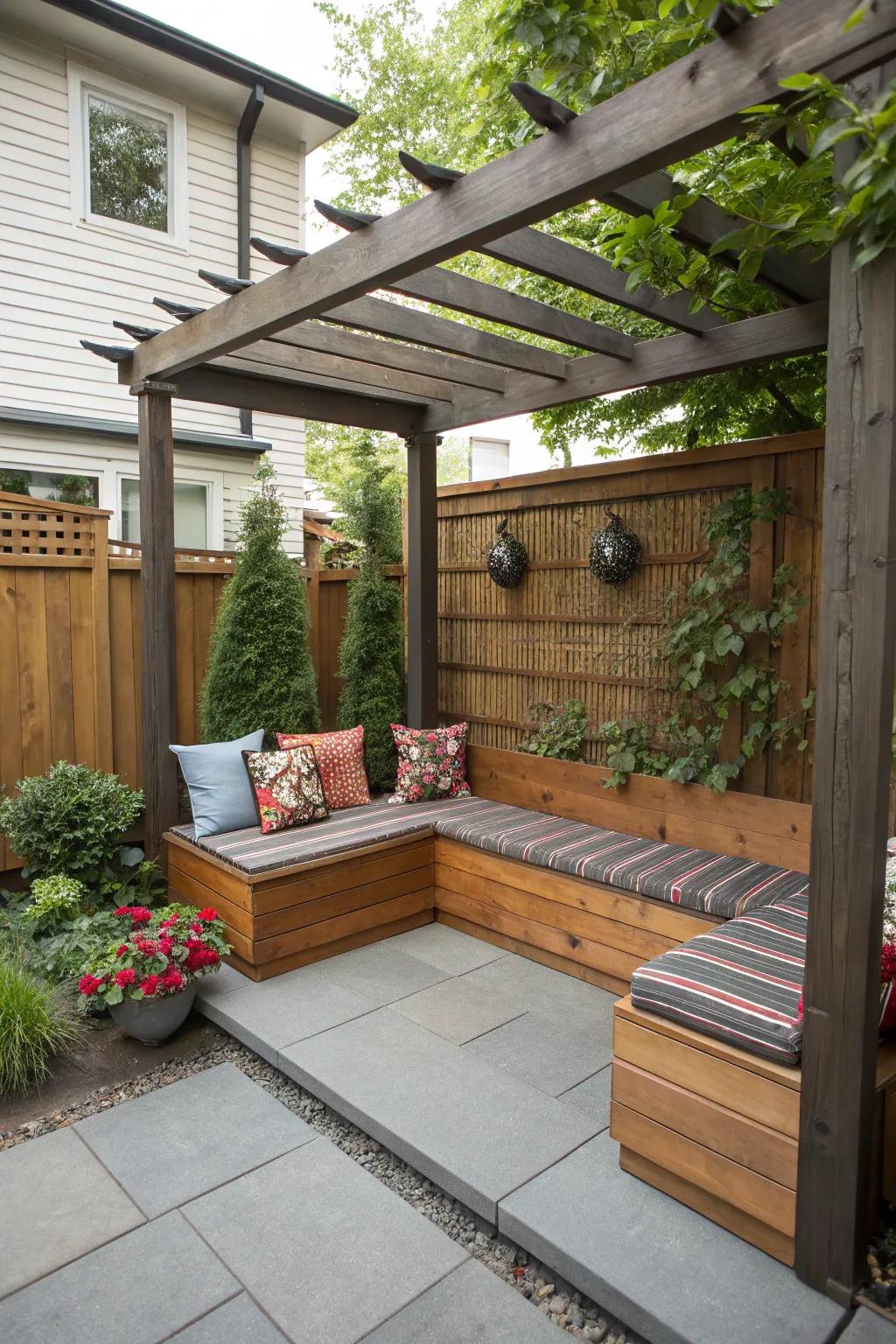 A small-scale pergola featuring integrated seating elegantly enhances a petite patio space.