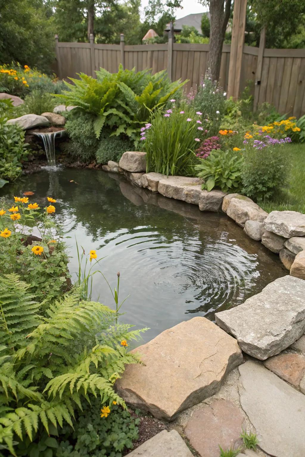 Unaltered stones frame a charming pond, merging effortlessly with the garden.