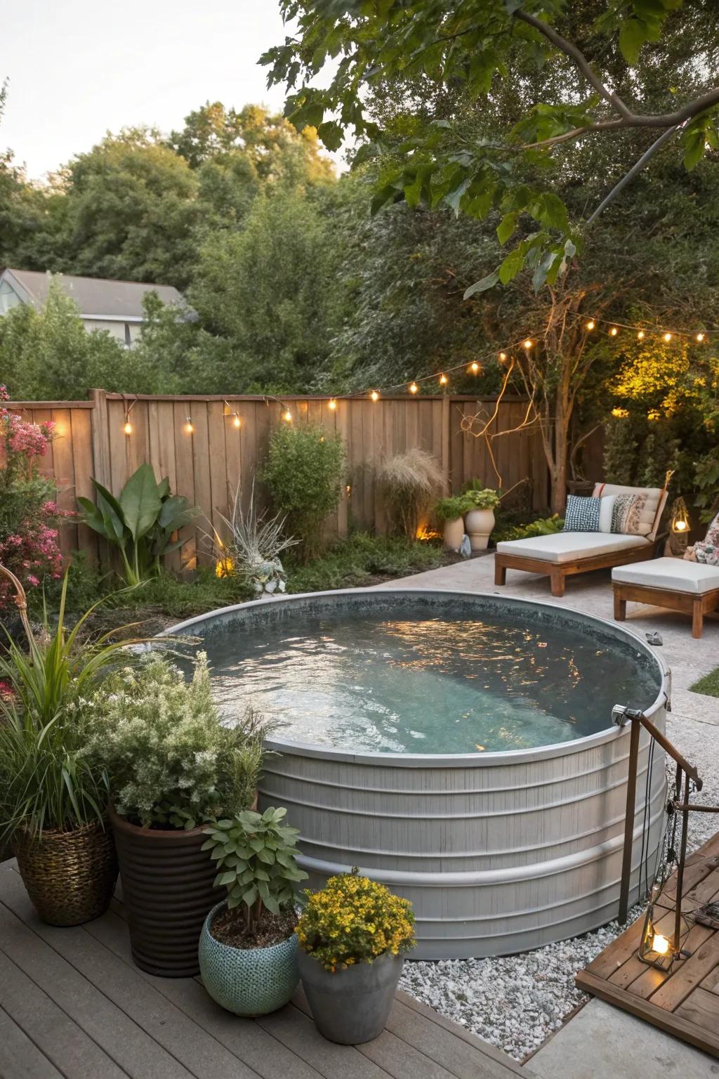 A budget-friendly water trough pool nestled in lush foliage.