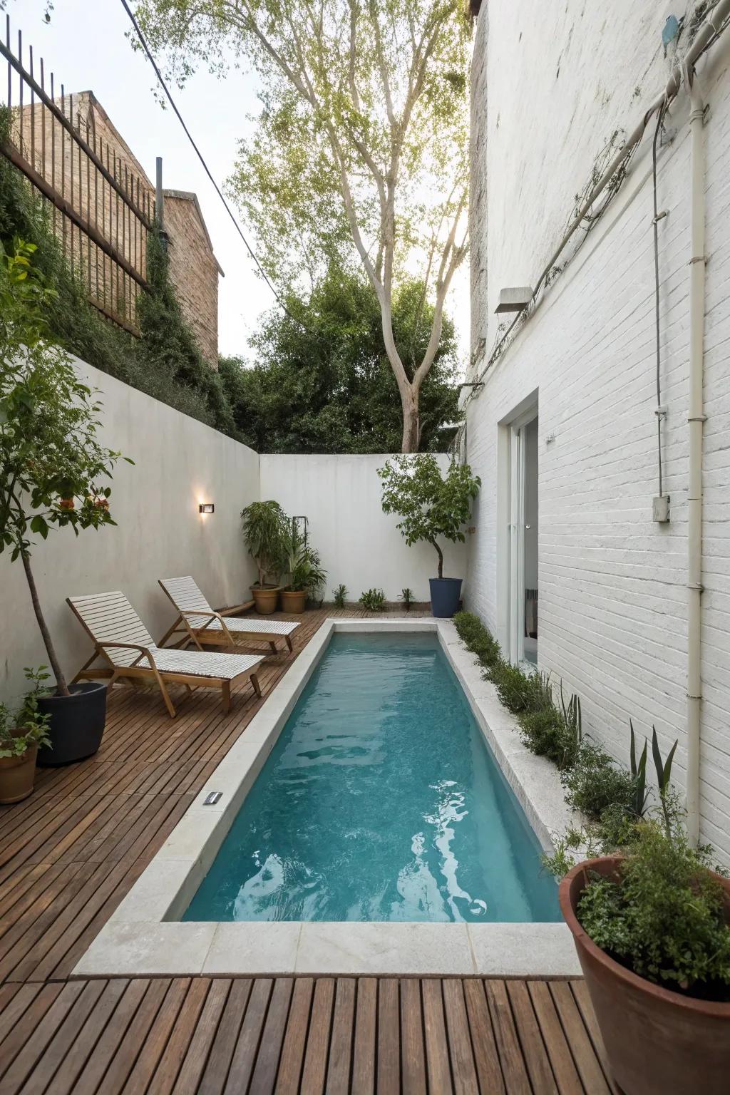 A streamlined rectangular pool is a perfect fit for a narrow backyard, offering a modern edge.