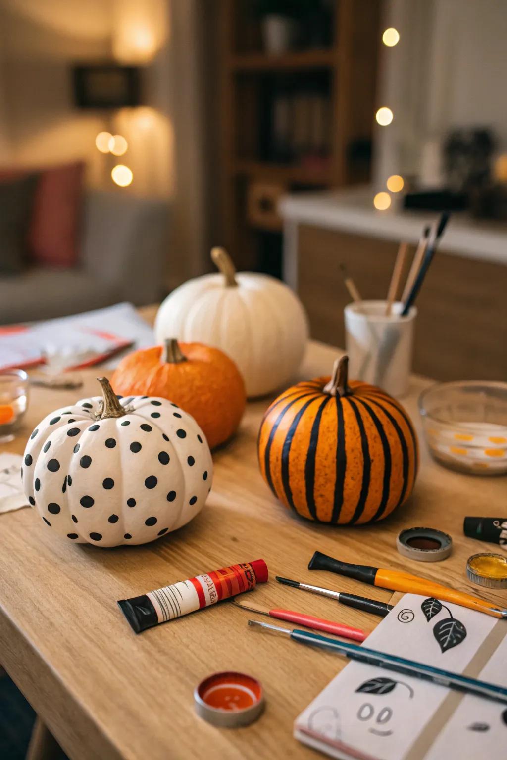 Painted pumpkins with a playful theme introduce a fun element to your decorations.