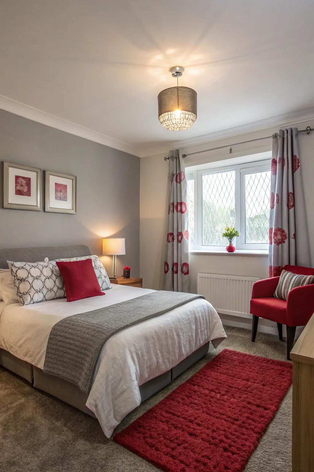 An intimate bedroom showcasing delicate ash-grey walls accentuated by lively crimson details.