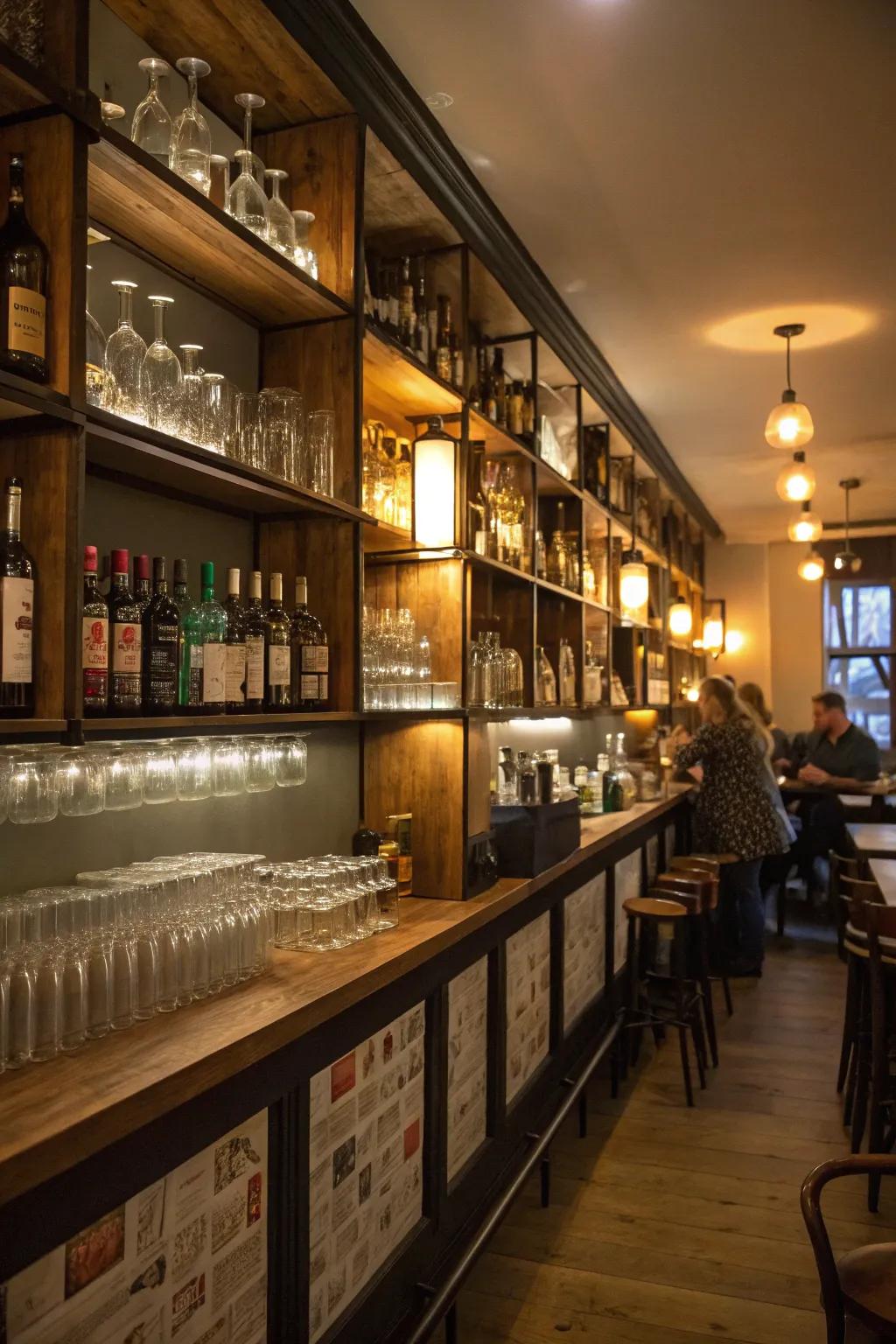 A compact restaurant bar showcasing wall-mounted racks for effective stowing and display.
