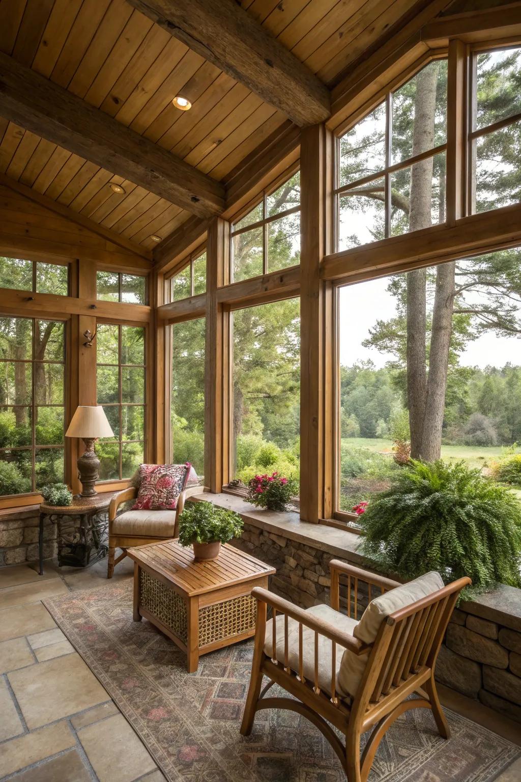 Expansive windows in a country-style sunroom effortlessly link the interior with the beauty of the outdoors.