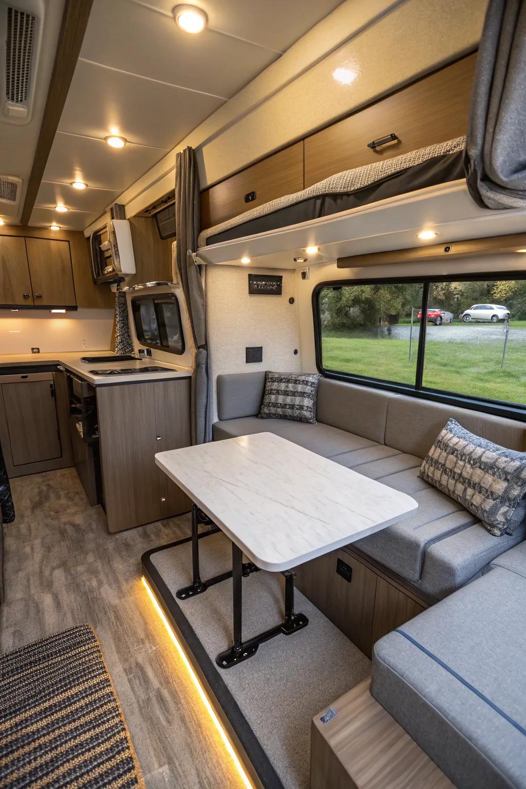 Selecting smart, multi-functional furniture will dramatically increase the sense of space and utility in your small RV.