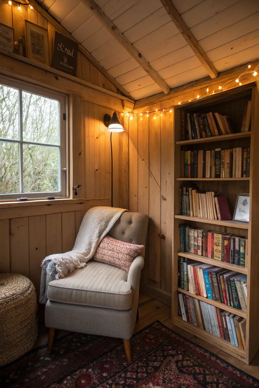 A charming reading spot tucked inside a small shed, ideal for those who love books.