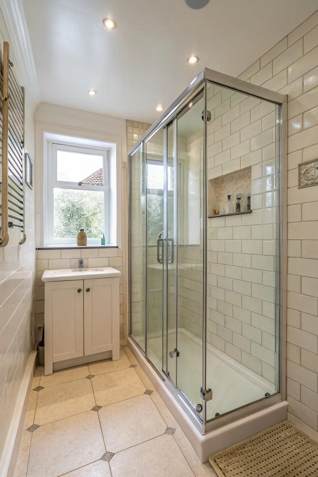 Clear-paneled enclosures in a small shower room help maximize the sense of space.