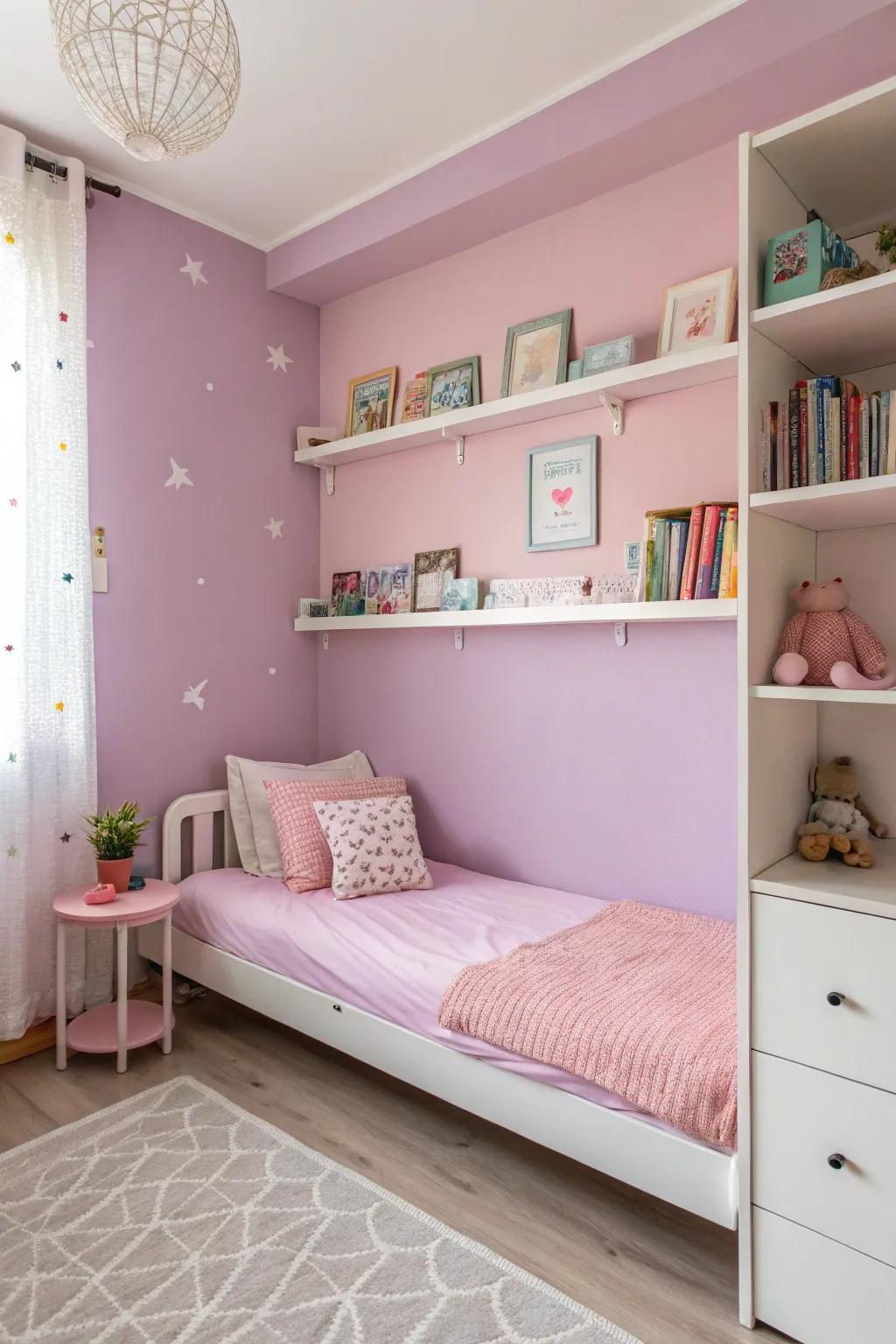 Rose and lilac walls create a peaceful ambiance.