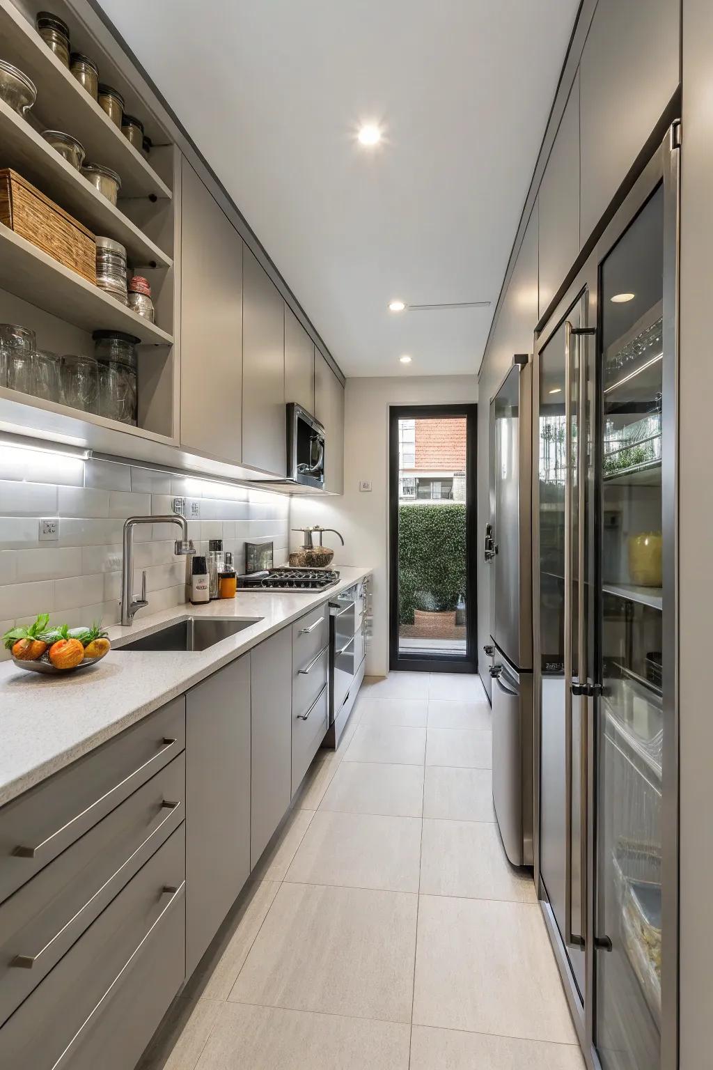 A streamlined galley kitchen design that optimizes space and usability.
