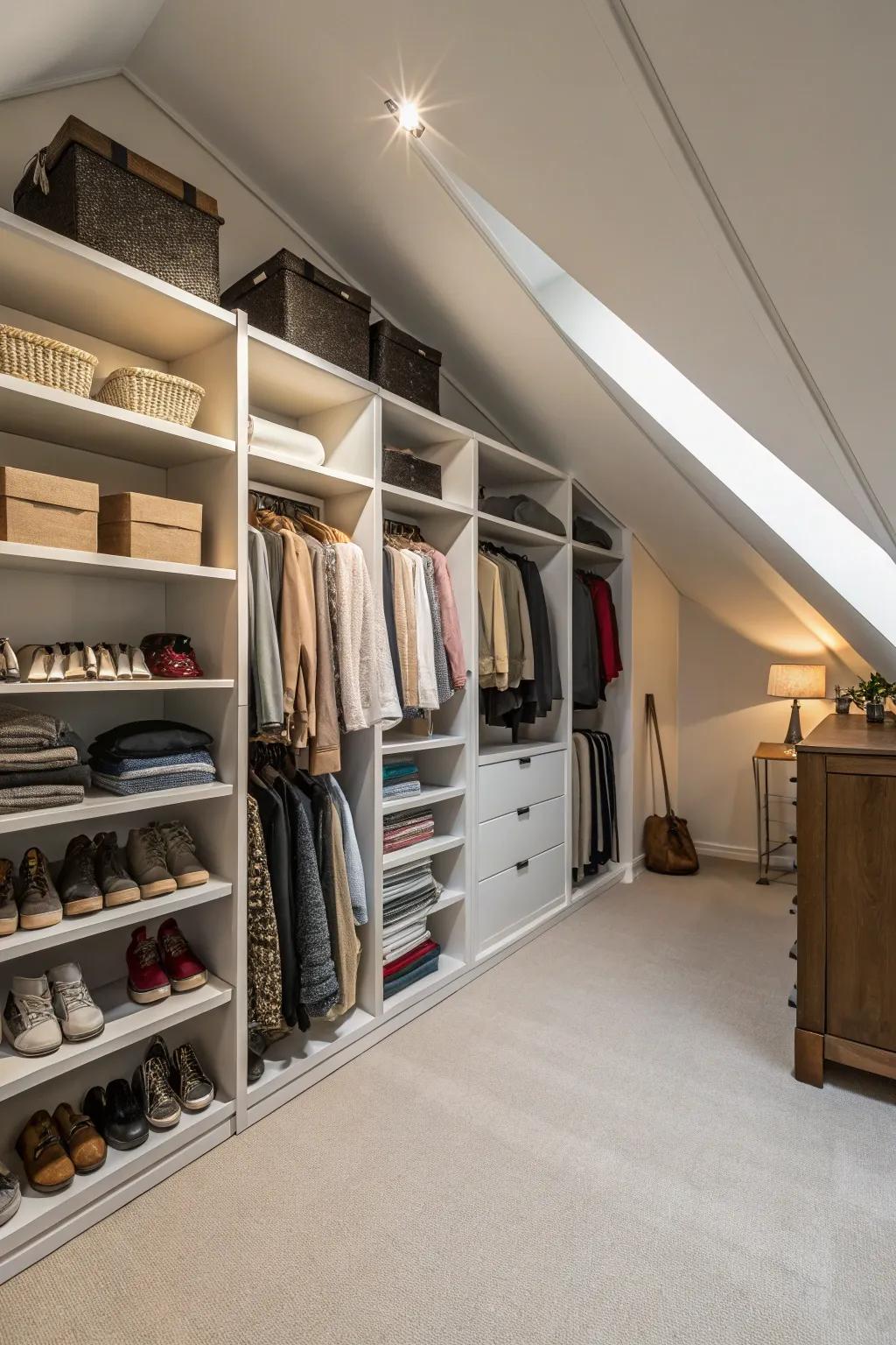 Specialized shelving conforming to the slope can transform an attic into a haven of organization.
