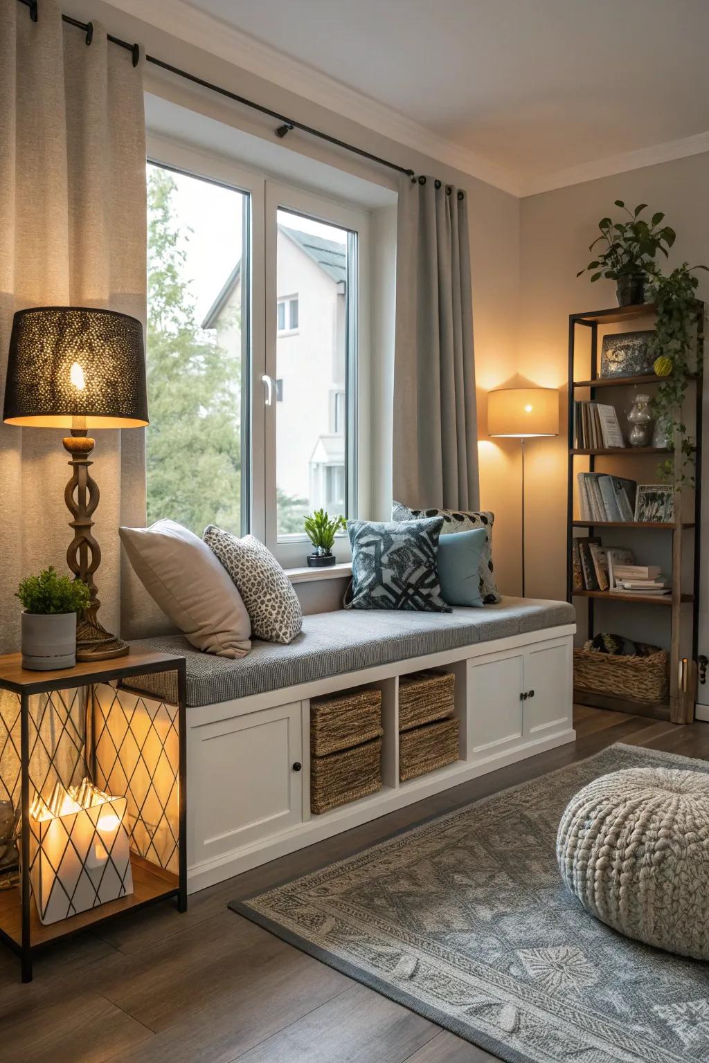 An elegant bench with concealed storage in a contemporary living area.