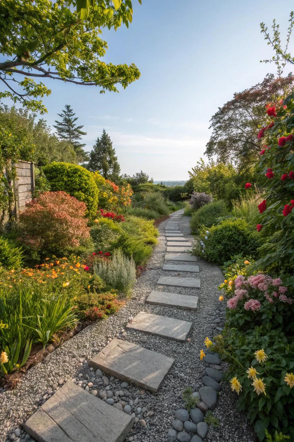 A natural rock pathway elegantly meandering amidst lush garden foliage.