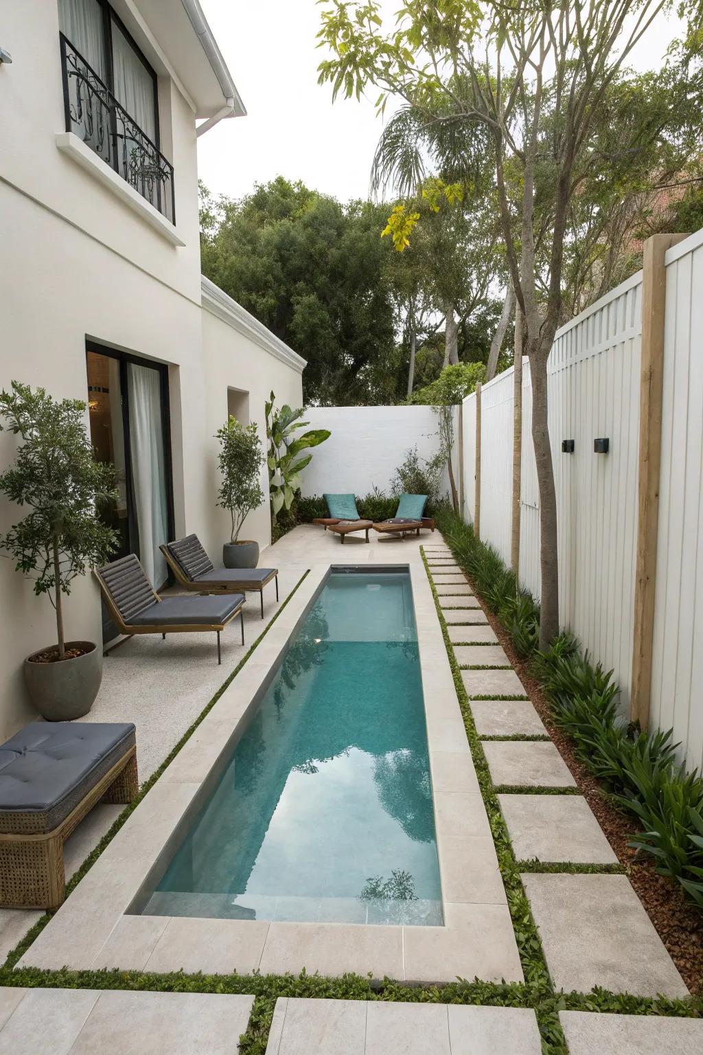 A streamlined rectangular pool utilizes backyard space effectively.