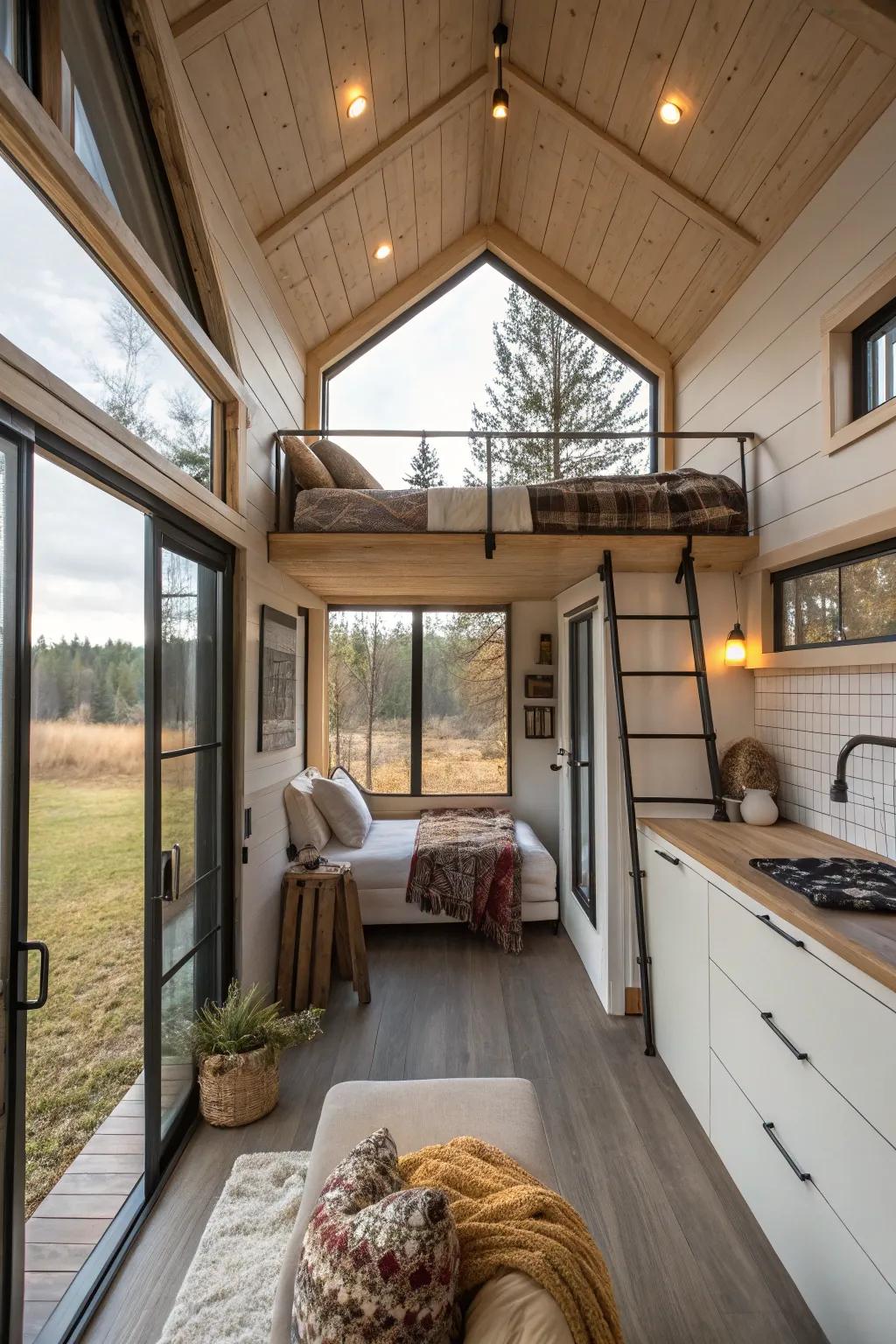 A sleeping loft in a small house offers a comfortable escape above a beautifully arranged living area.