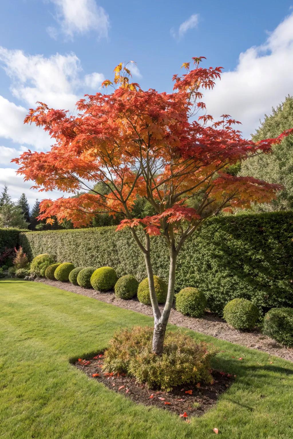 A scarlet maple displaying its breathtaking autumn hues in a front yard.