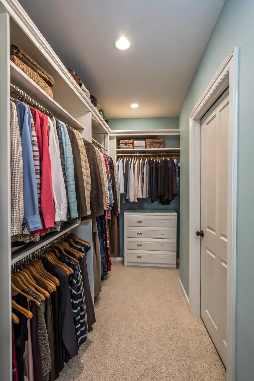 Dual hanging bars maximize the vertical dimensions in a small closet.