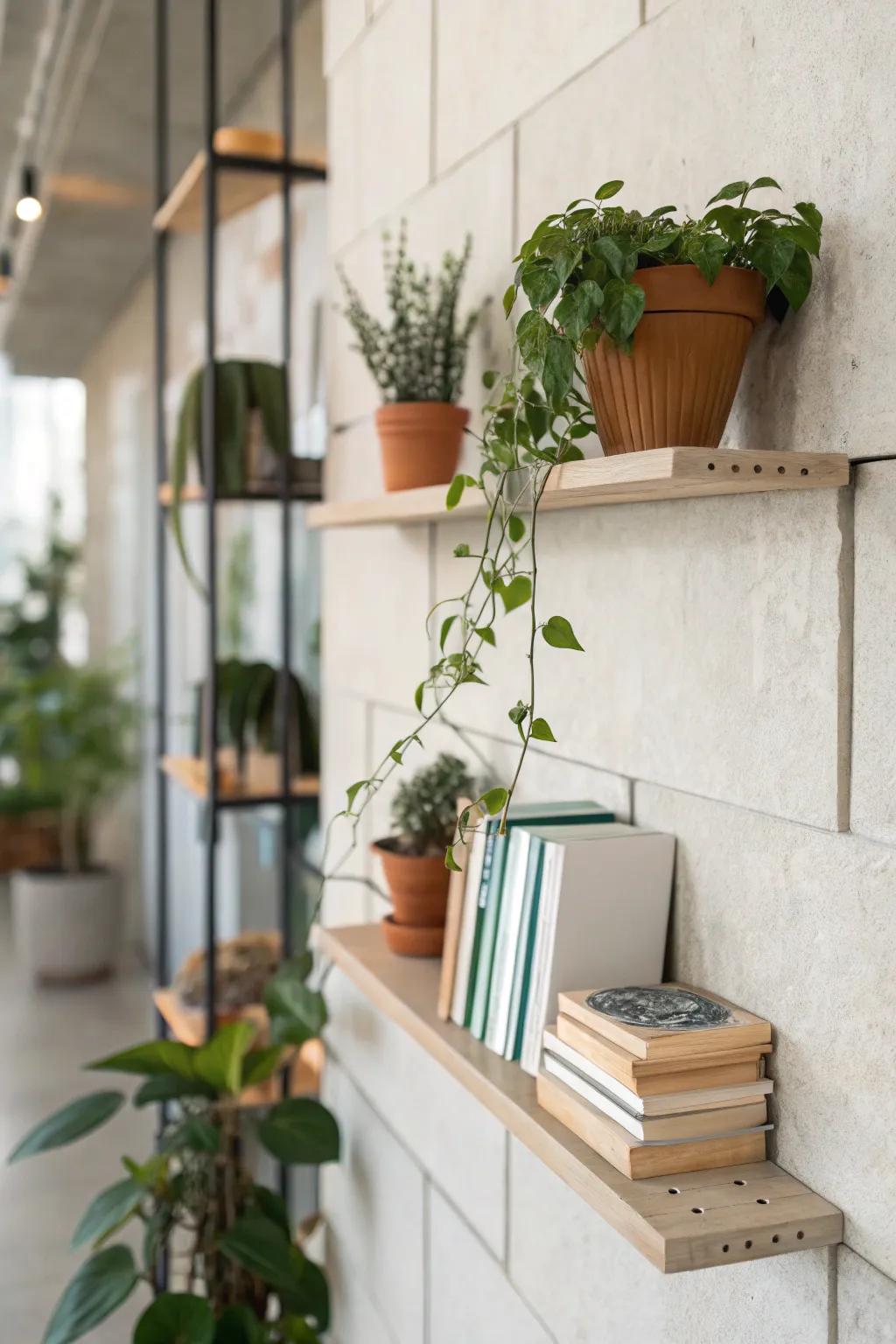 Streamlined shelves beautifully showcasing plants and books.