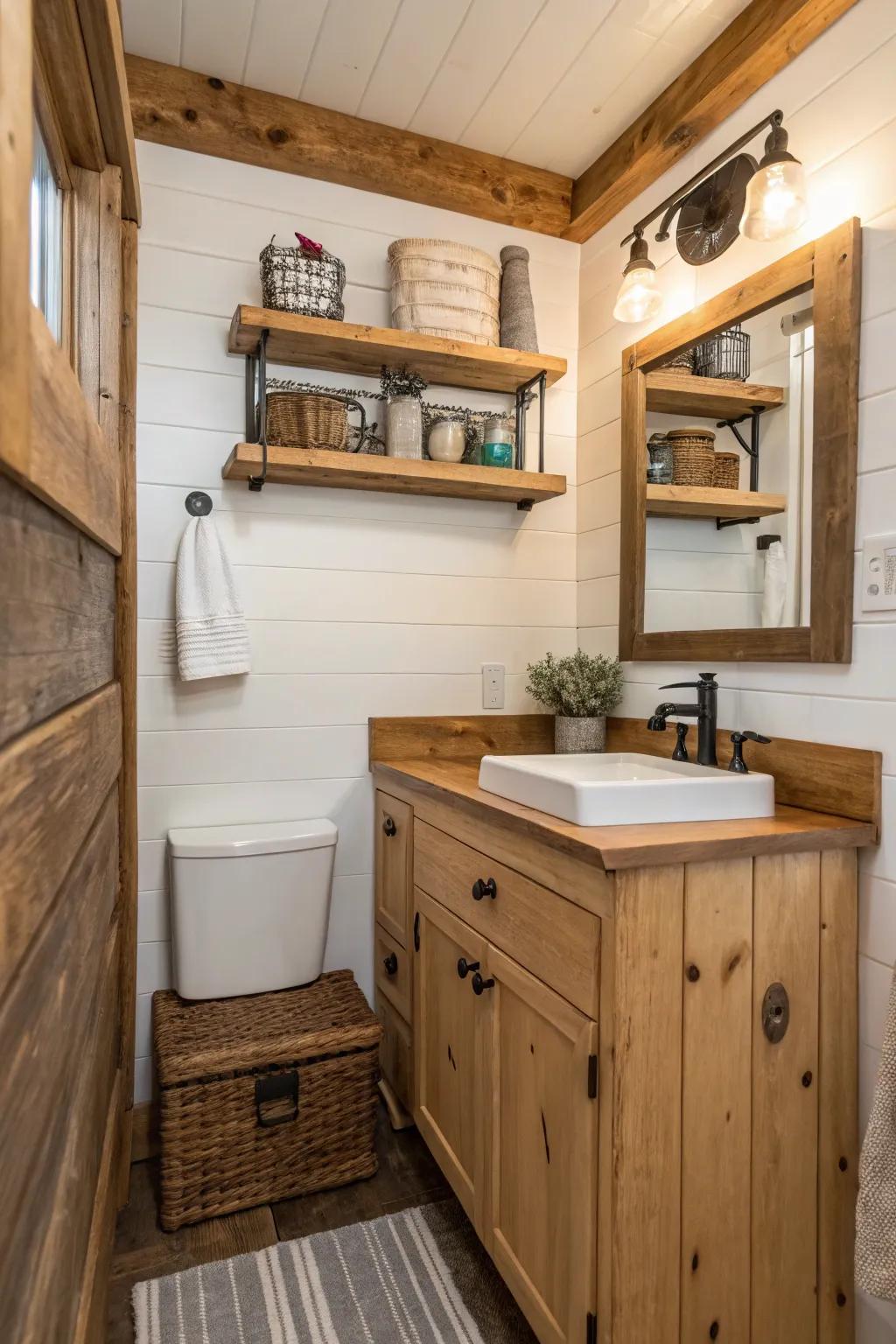 Salvaged lumber imparts warmth and texture to compact areas.