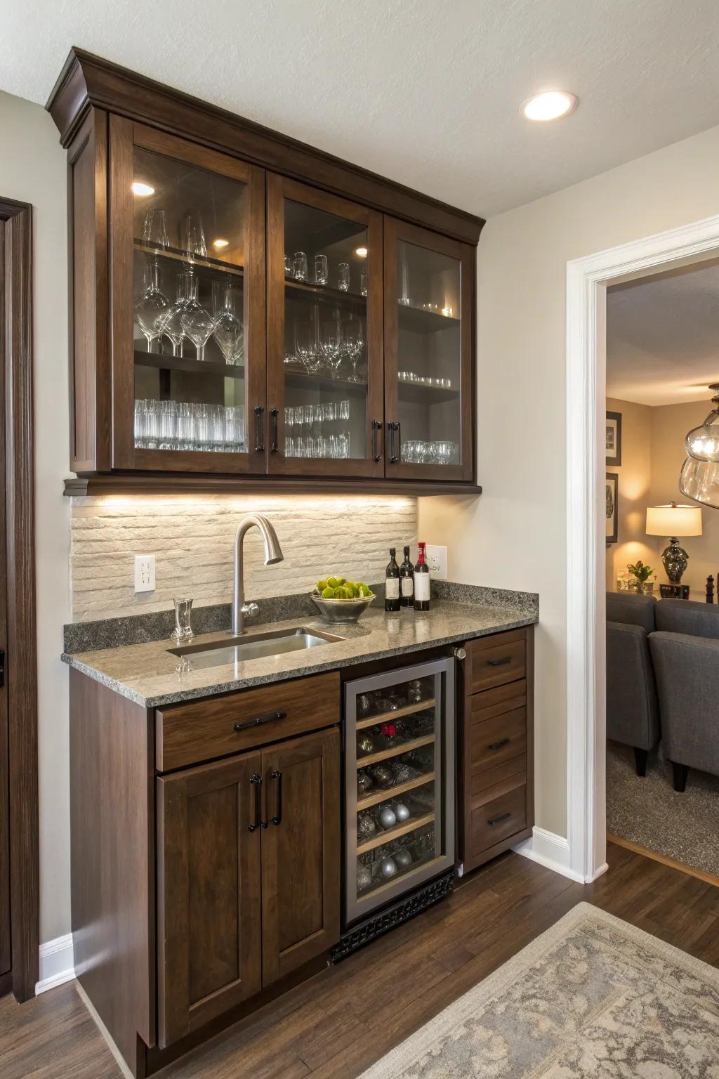 Small-footprint cabinetry in a petite wet bar to achieve efficient storage.