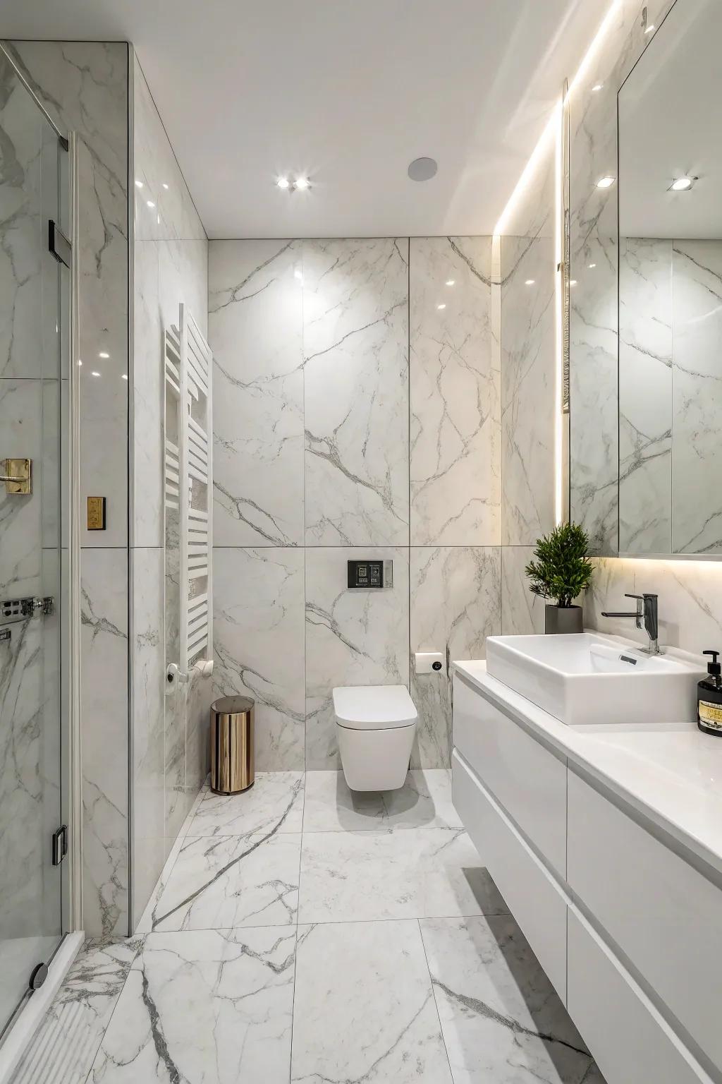 Marble extending from floor to ceiling boosts the room's height and elegance.