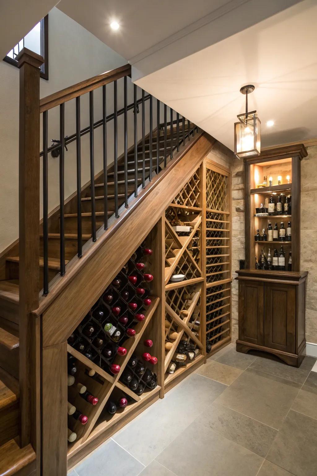 Convert spaces under staircases into fashionable wine storage areas.