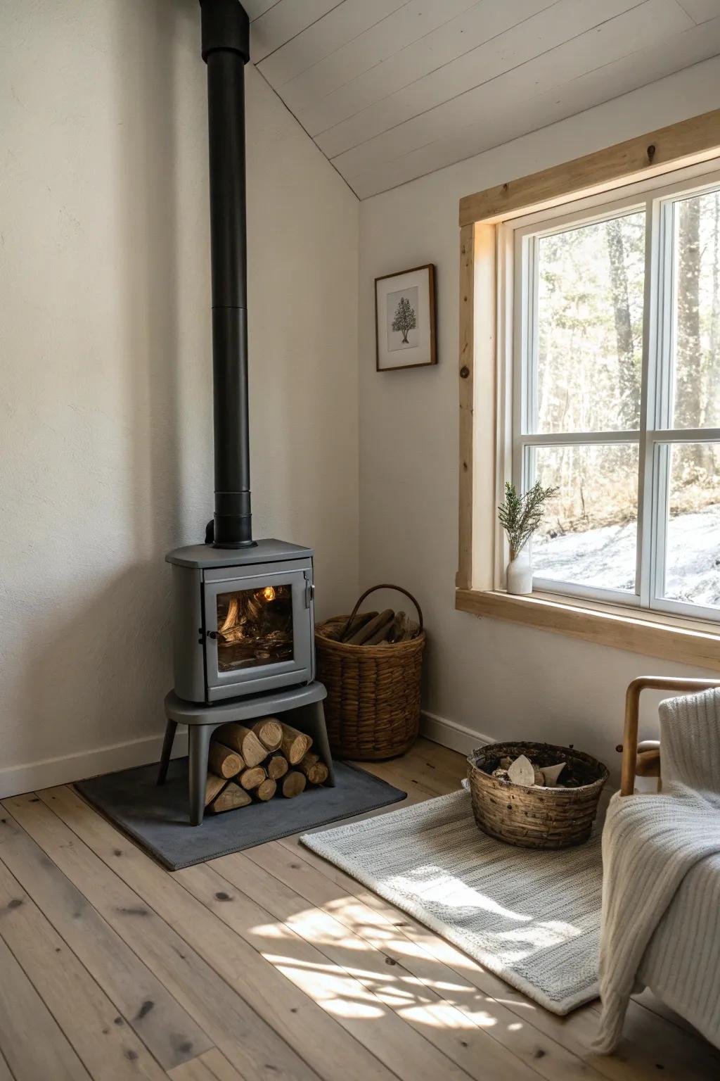 A small wood burner neatly tucked in a corner, maximizing both space and style.