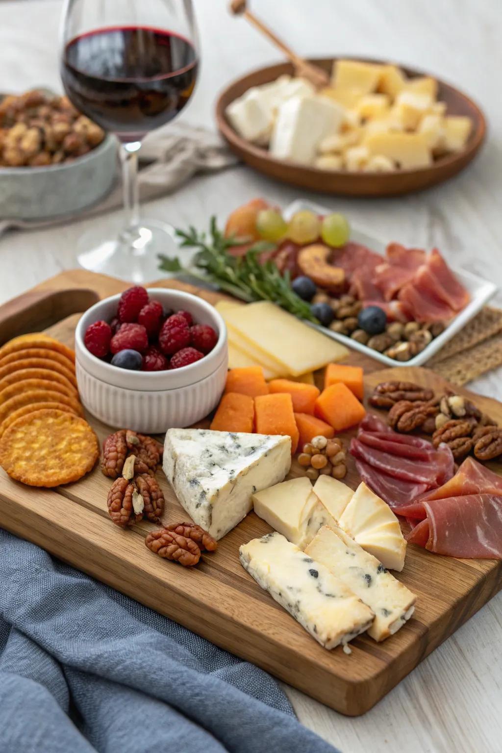 An elegant arrangement of cheeses and cured meats, poised to captivate your guests.