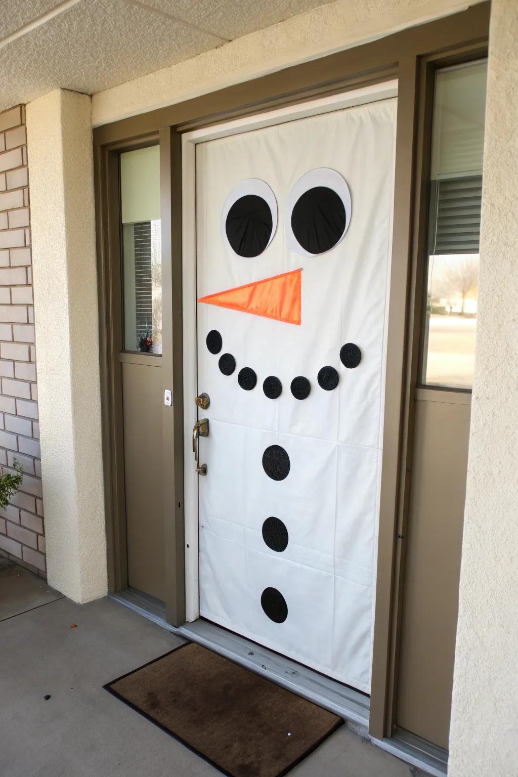 A classic snowman face brings a touch of nostalgia to your door.