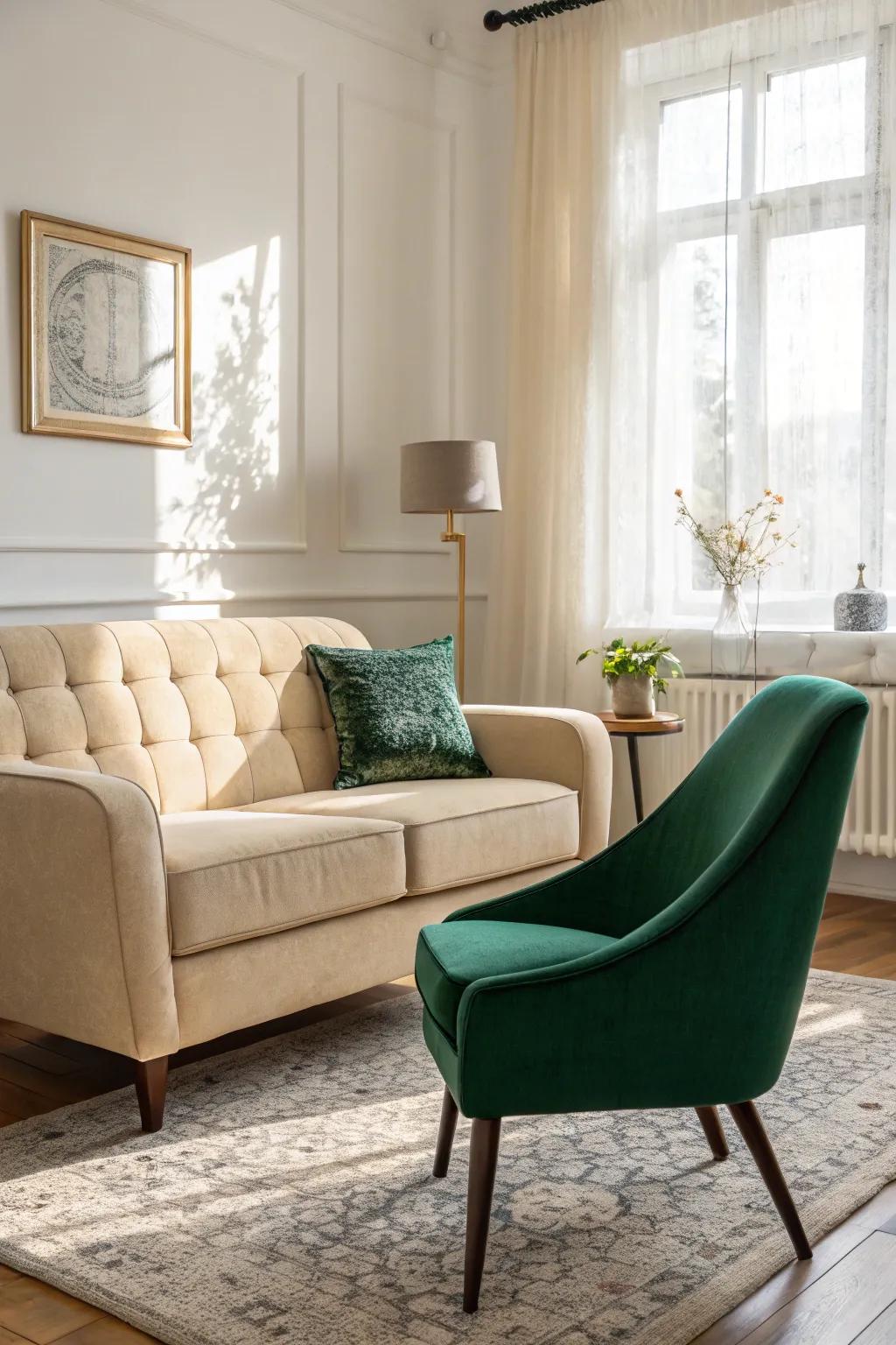 Opposing shades craft a vibrant visual interest in this living area.