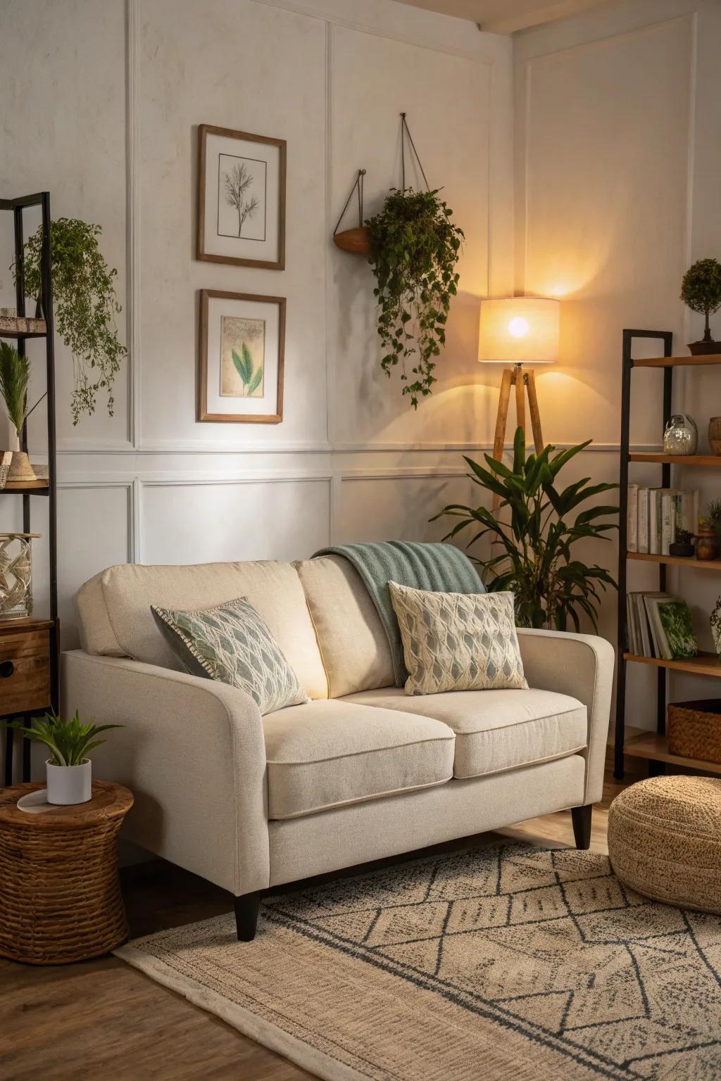 A small living room showcasing a stylish, petite loveseat in understated neutral shades.