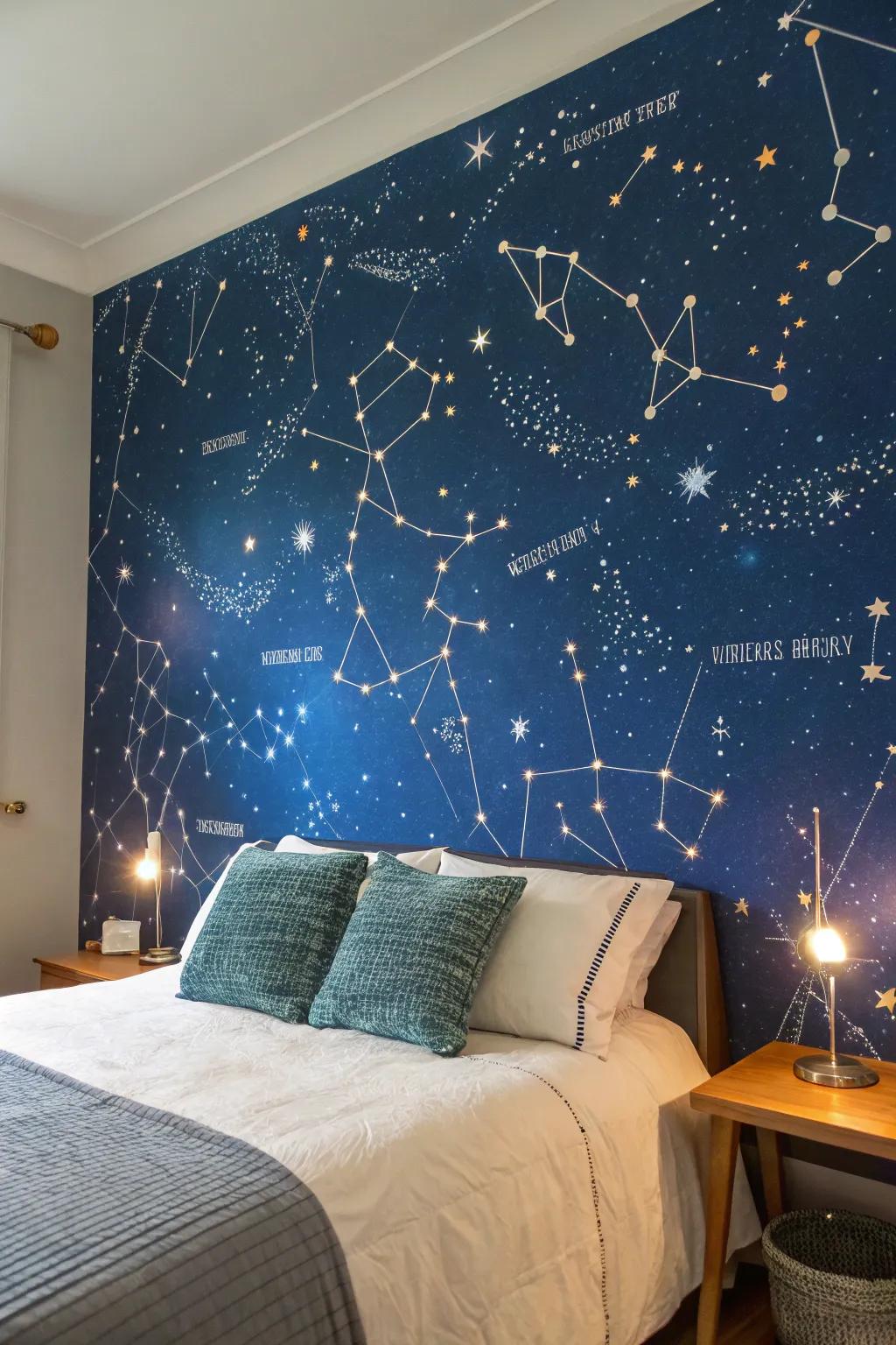 A starry night mural crafts an idyllic celestial backdrop ideal for daydreamers.