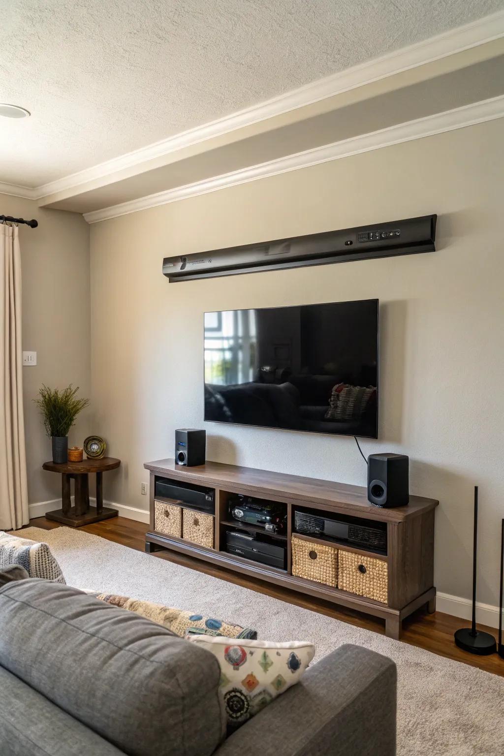 Classic audio bar placement situated above a TV mounted on the wall.