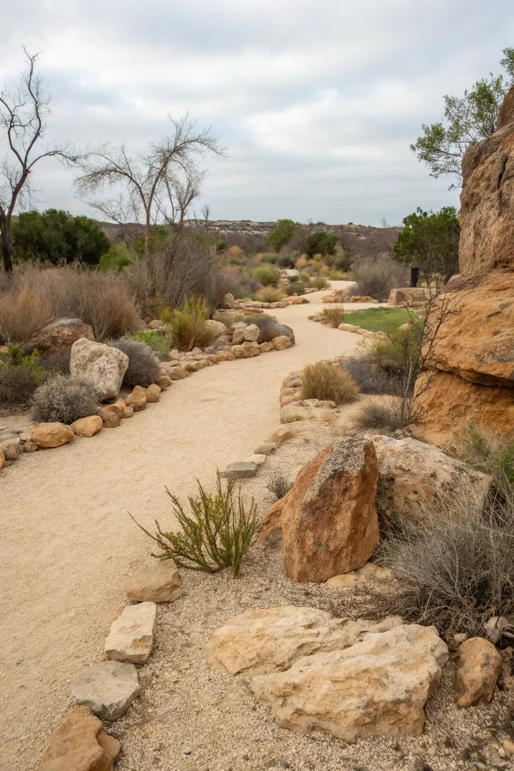 A dry landscape design accentuated with pebble paths and artistic rock arrangements.