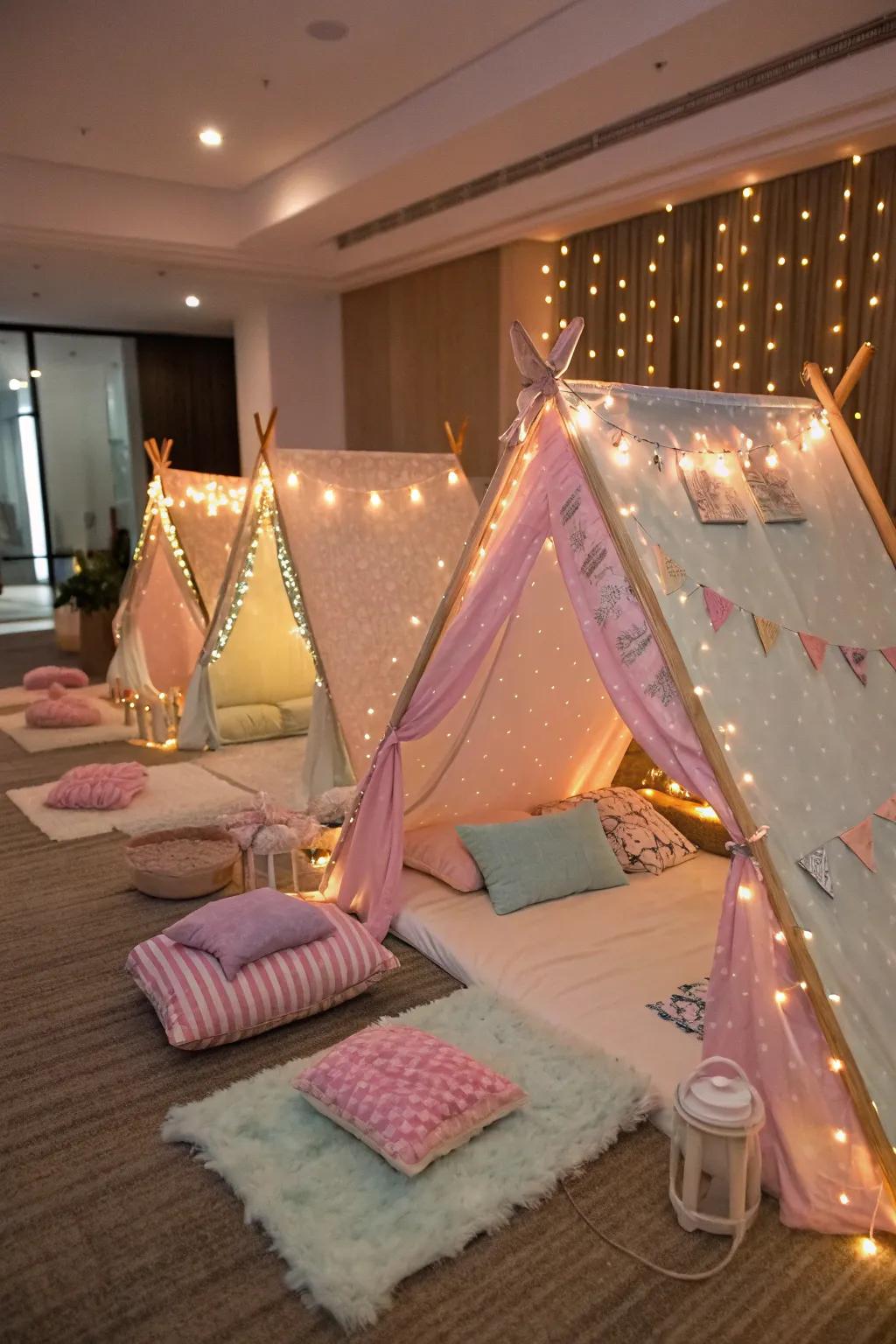 Snug spa tents glowing with fairy lights for a magical sleepover ambiance.