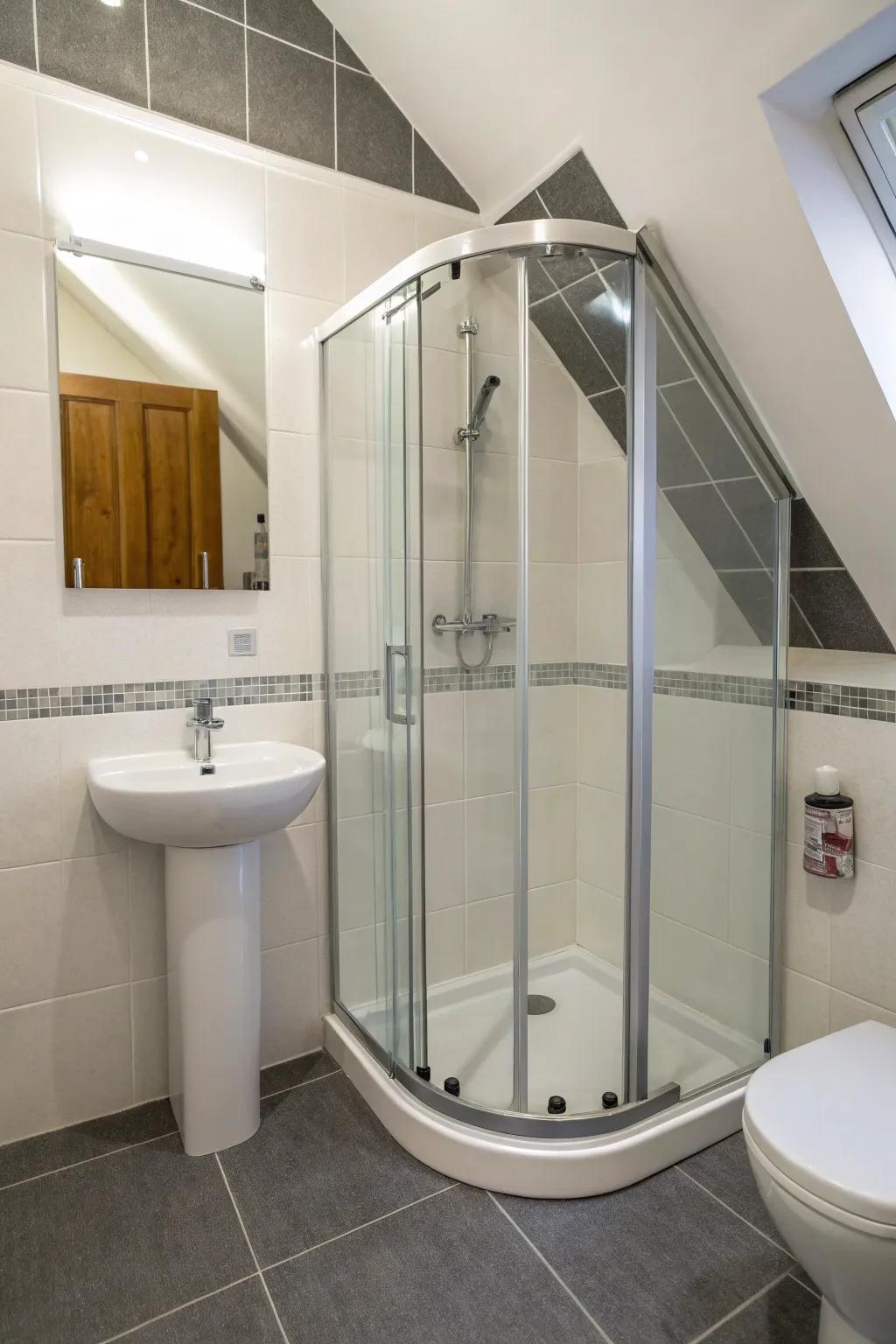 Smart corner shower design to help save valuable floor space.