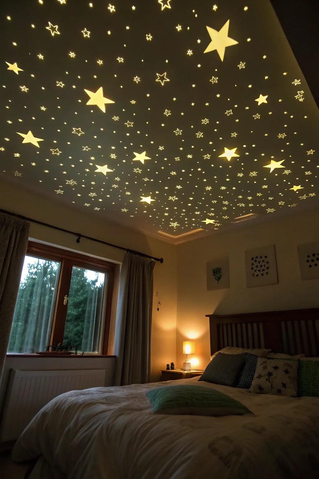 A heavenly ceiling that welcomes the beauty of the night sky indoors.