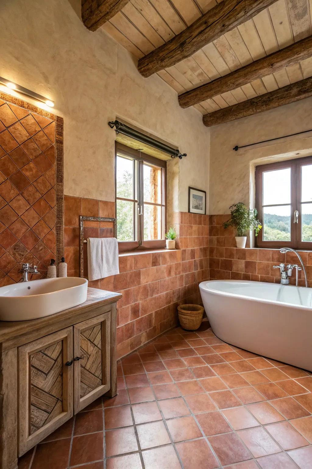 The use of warm terracotta shades as a base conjures a welcoming vibe for a lovely Spanish-style bathroom.