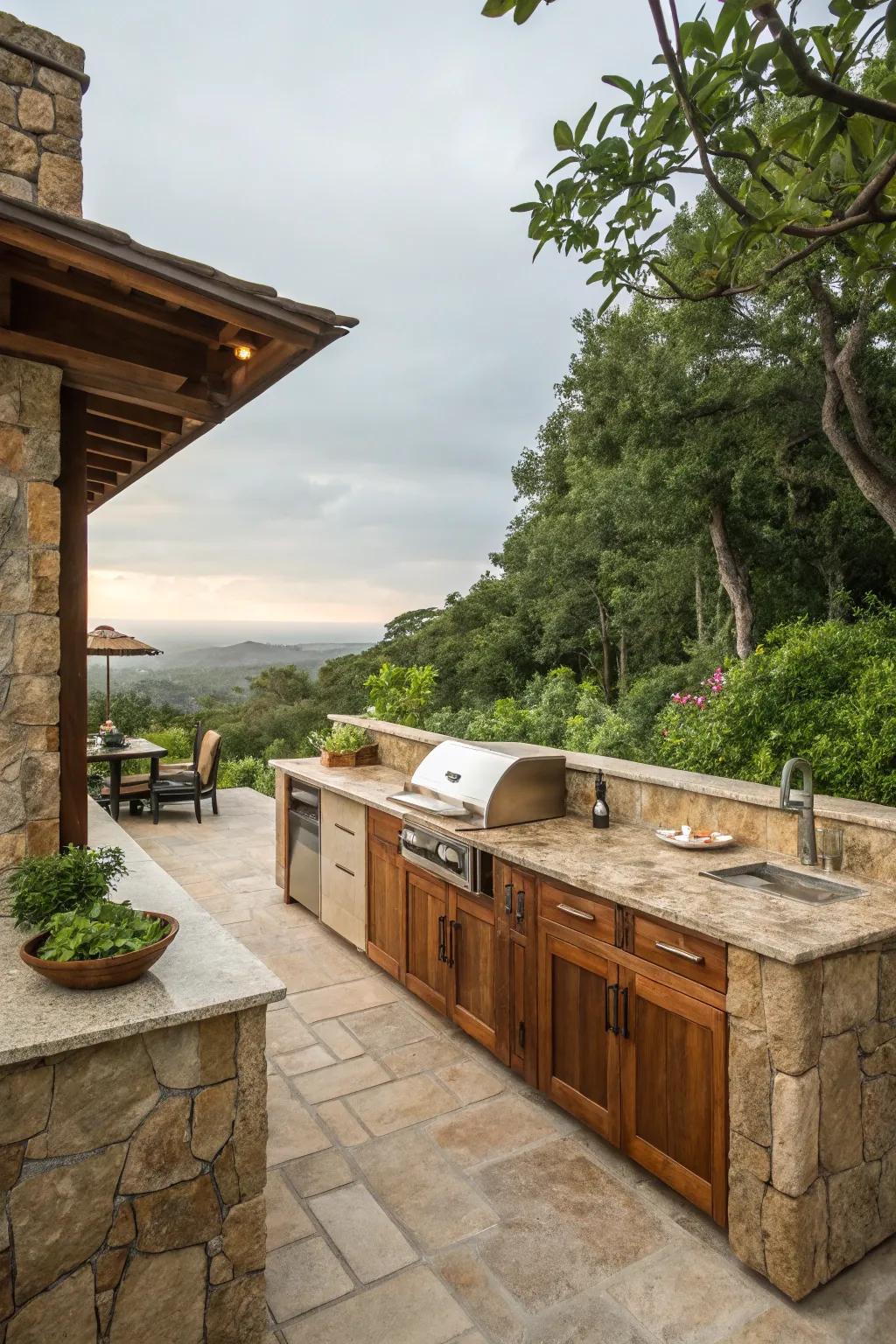 A captivating outdoor kitchen showcasing elements of natural rock and timber, snuggled within rich greenery.