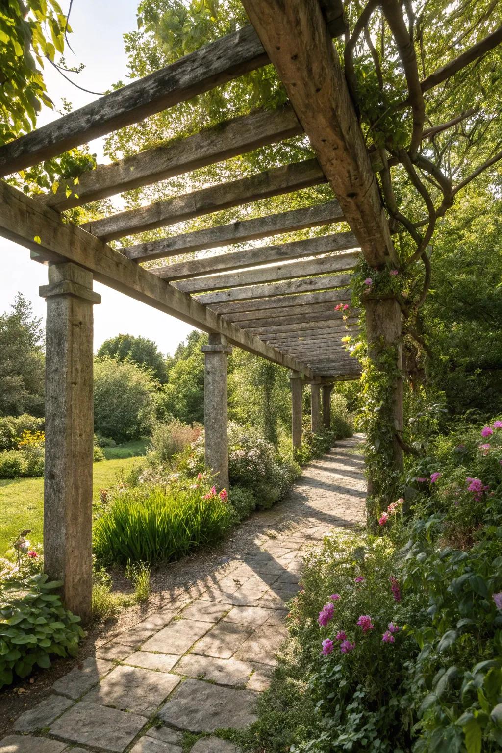 Rustic wooden beams craft a timeless Spanish pergola.