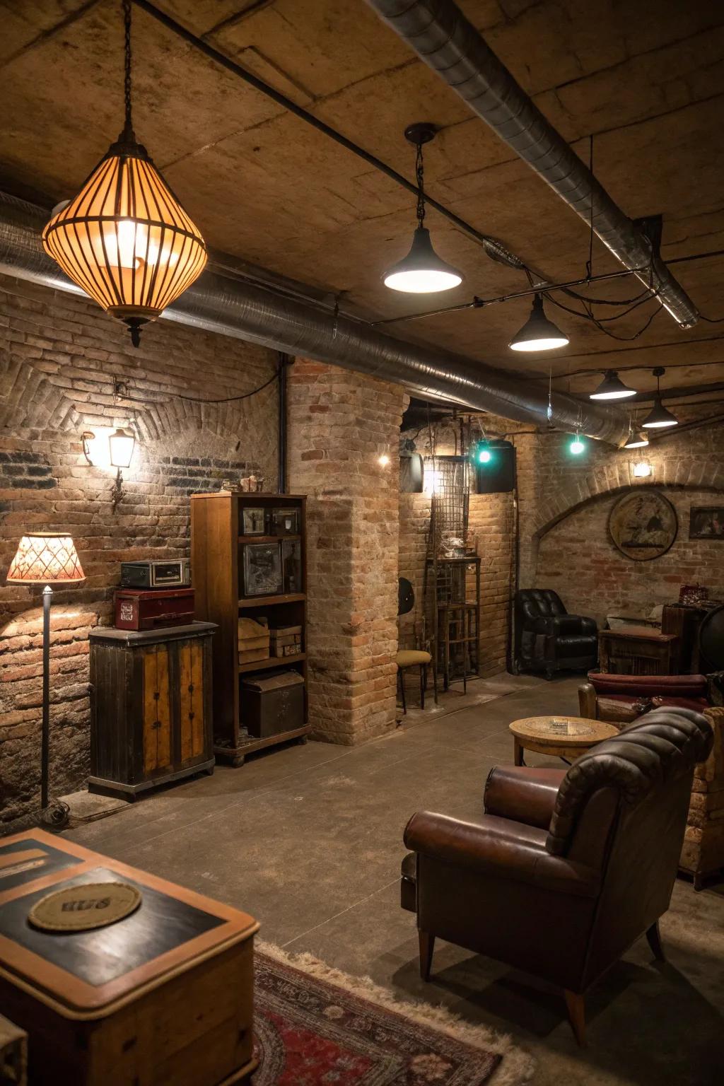 Uncovered brick walls fashion a down-to-earth and historical ambiance in your underground bar.