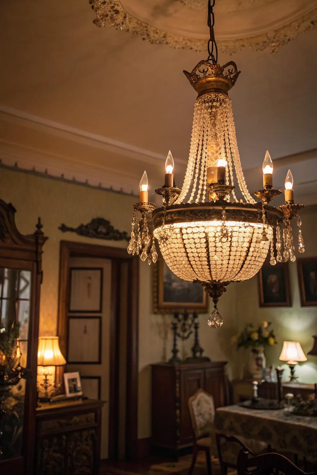 Period chandeliers provide ideal lighting for a speakeasy mood.